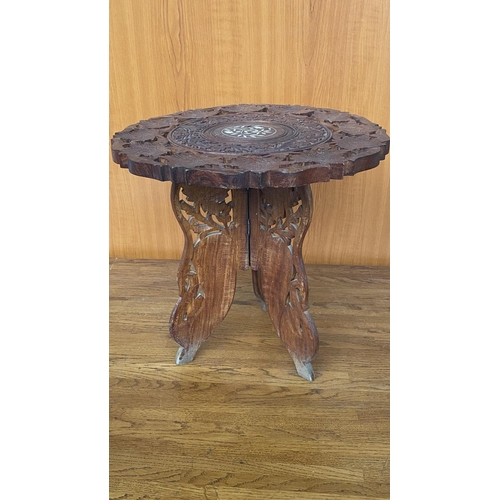 13 - Small Carved Wood Folding Circular Side Table (38cm Diameter, 38cm H.)