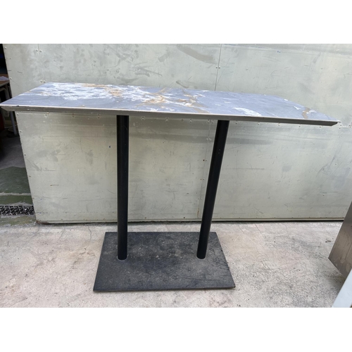 384 - Metal Twin Pedestal Marble Top High Table (Some Wear on Top - 130 W. x 60 D. x 105cm H.)