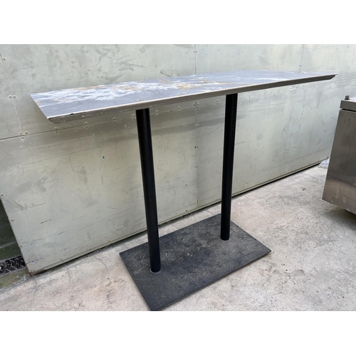 384 - Metal Twin Pedestal Marble Top High Table (Some Wear on Top - 130 W. x 60 D. x 105cm H.)