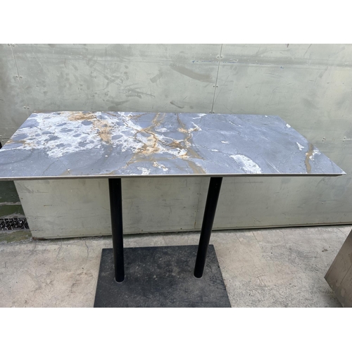 384 - Metal Twin Pedestal Marble Top High Table (Some Wear on Top - 130 W. x 60 D. x 105cm H.)