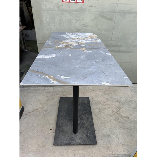 384 - Metal Twin Pedestal Marble Top High Table (Some Wear on Top - 130 W. x 60 D. x 105cm H.)