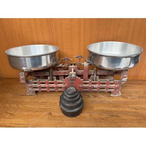 489 - Antique (Except Bowls) Cast Iron Shop Weight Scale with Set of Weights