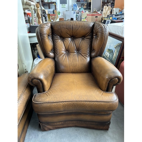 502 - Brown Cow Leather Chesterfield Like Sofa Set, 3-Seat Sofa and 2 Armchairs From 1970's Very Good Cond... 