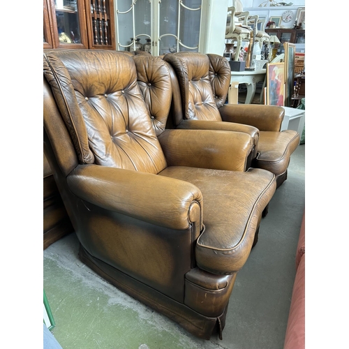 502 - Brown Cow Leather Chesterfield Like Sofa Set, 3-Seat Sofa and 2 Armchairs From 1970's Very Good Cond... 