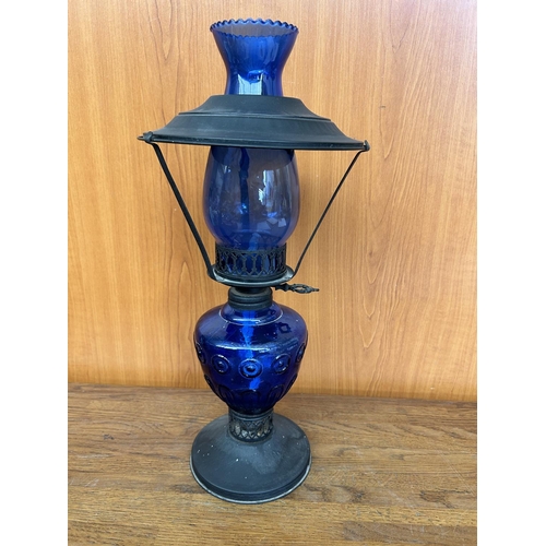 44 - Vintage Cobalt Blue Glass and Metal Kerosene Storm Lamp