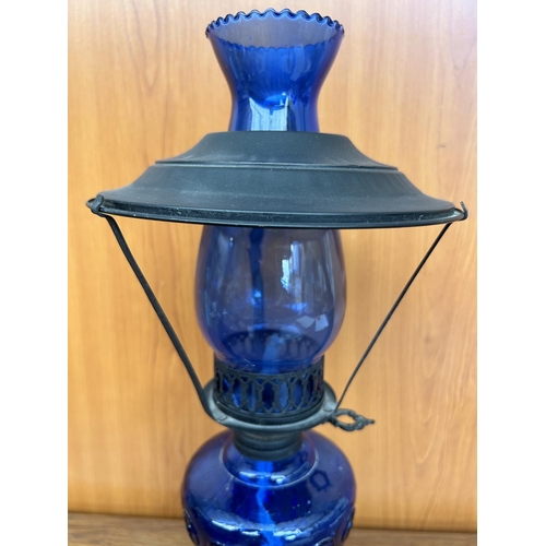 44 - Vintage Cobalt Blue Glass and Metal Kerosene Storm Lamp