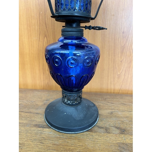 44 - Vintage Cobalt Blue Glass and Metal Kerosene Storm Lamp