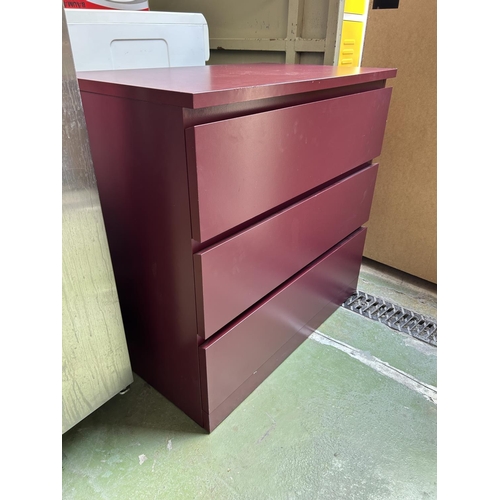 568 - Wooden Red Chest of 3 Drawers (80 W. x 48 D. x 78cm H.)