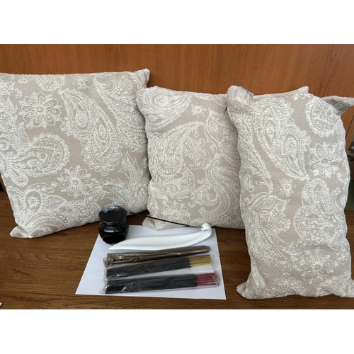 593 - x3 Teran Sofa Throw Cushions Together with 2 Incense Burners and Sticks