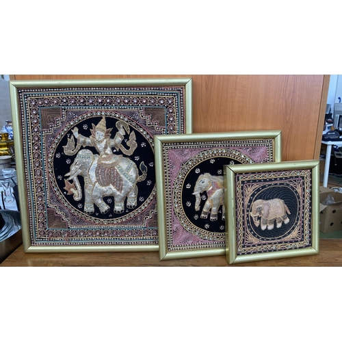 595 - Thai Elephant Trilogy Framed Embroideries on Silk