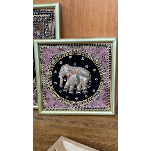 595 - Thai Elephant Trilogy Framed Embroideries on Silk