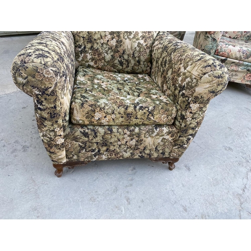 663 - Vintage 1960's 3-Seat Sofa and 2 Relax Armchairs with Flower Fabric Cover and Curved Wooden Legs