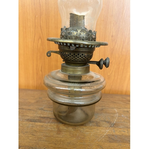 3 - Antique Glass and Brass Oil Lamp with Twin Wick