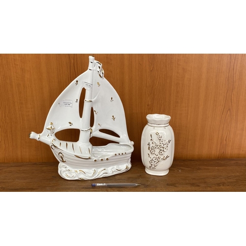 254 - Vintage White Ceramic Gilded Large Single Sailboat Yacht/Indoor Planter Together with Small Ceramic ... 