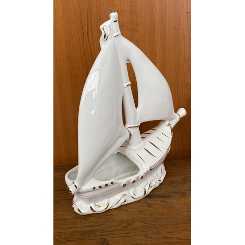 254 - Vintage White Ceramic Gilded Large Single Sailboat Yacht/Indoor Planter Together with Small Ceramic ... 