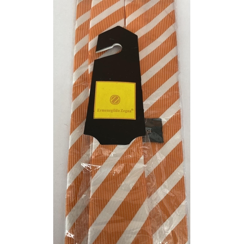 258 - Ermeneglido Zegna 100% Silk Original Tie with White and Orange Stripes (Unused)