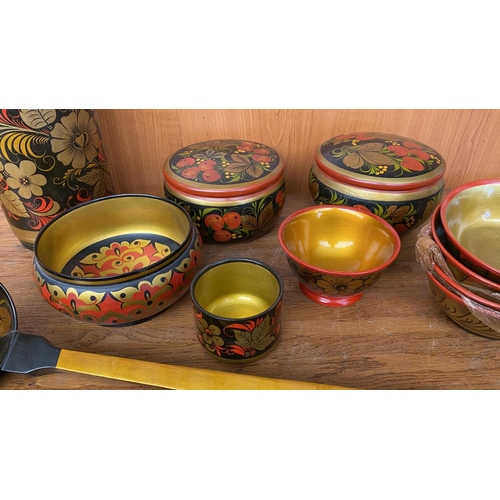 253 - Collection of Vintage Russian USSR Folk Art Hand Painted Lacquer Dishes, Pots and Other (Mostly Unus... 