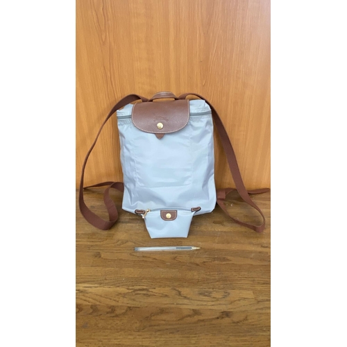 30 - Longchamp 'Le Pliage' Original Grey Backpack with Brown Leather Trimming, Water Resistant and Folded... 