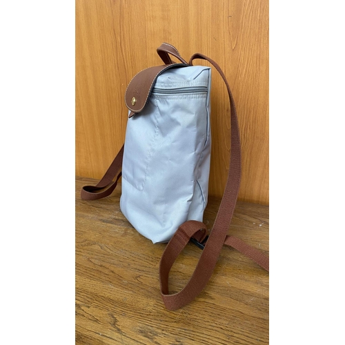 30 - Longchamp 'Le Pliage' Original Grey Backpack with Brown Leather Trimming, Water Resistant and Folded... 