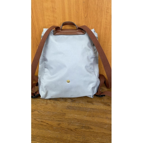 30 - Longchamp 'Le Pliage' Original Grey Backpack with Brown Leather Trimming, Water Resistant and Folded... 