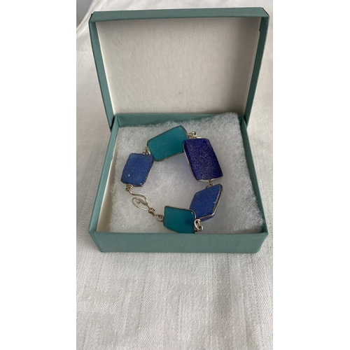 101 - Modern Style Stained Glass Bracelet with Colorful Opaque Pieces in Blue and Aquas, Finished with Hoo... 