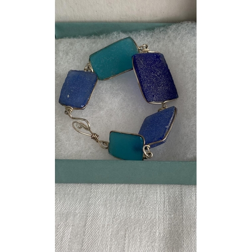 101 - Modern Style Stained Glass Bracelet with Colorful Opaque Pieces in Blue and Aquas, Finished with Hoo... 