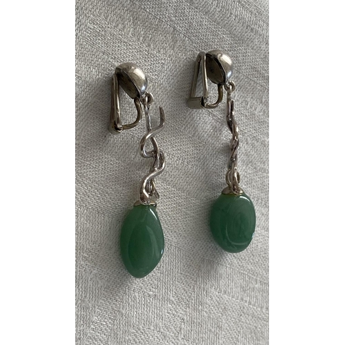 102 - Art Deco Green Natural Gem Stone Drop clip on Earrings