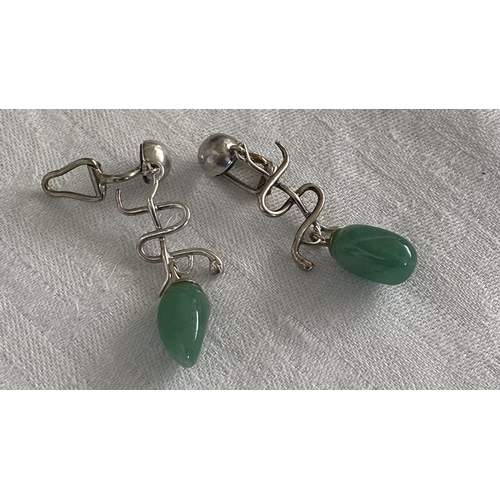 102 - Art Deco Green Natural Gem Stone Drop clip on Earrings