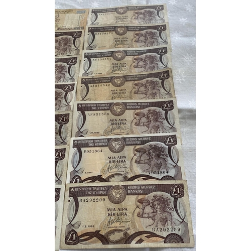 168 - Central Bank of Cyprus 1980's (x3), 1990's (x10) and 2000's (x1) £1 Banknotes (x14pcs)