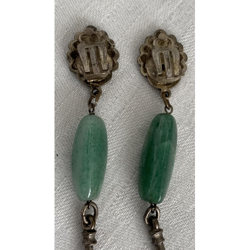 57 - Vintage Art Deco Style Green Jade Drop Clip on Earrings