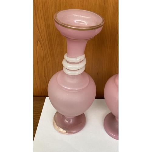 17 - x2 Mid-Century Modern Italian Pink Opaline Glass Vases (27cm H./each - x1 Restored as In Picture)