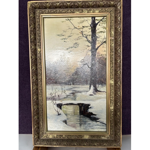 47 - Vintage Oil Painting on Board Depicting Landscape in Gilt Frame (54 x 87cm - Some Wear on Frame)