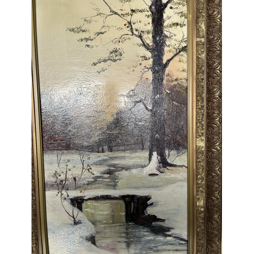 47 - Vintage Oil Painting on Board Depicting Landscape in Gilt Frame (54 x 87cm - Some Wear on Frame)