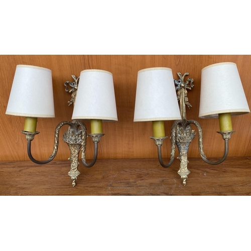 7 - Set of 2 Vintage Ornate Brass 2-Flame Wall Lamps