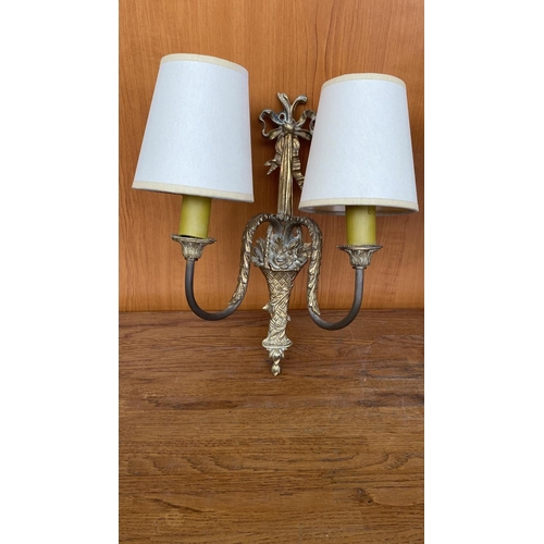 7 - Set of 2 Vintage Ornate Brass 2-Flame Wall Lamps