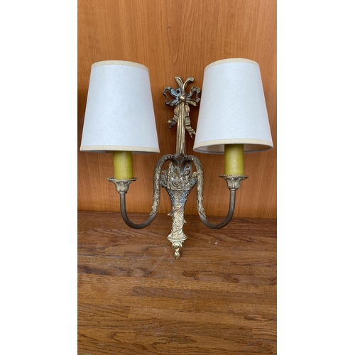 7 - Set of 2 Vintage Ornate Brass 2-Flame Wall Lamps