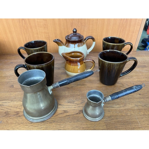 272 - Stoneware 6-Piece Tea Set with x2 Cyprus Coffee Bronze Pots