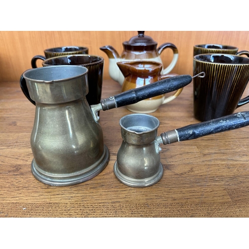 272 - Stoneware 6-Piece Tea Set with x2 Cyprus Coffee Bronze Pots