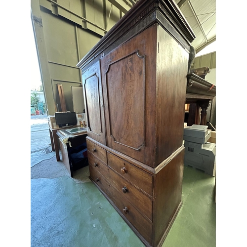 48 - Antique Solid Wood 2-Piece Linen Press. The Two Door upper Section Opening to Reveal Sliding Trays a... 