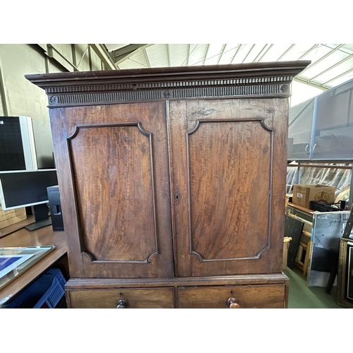 48 - Antique Solid Wood 2-Piece Linen Press. The Two Door upper Section Opening to Reveal Sliding Trays a... 