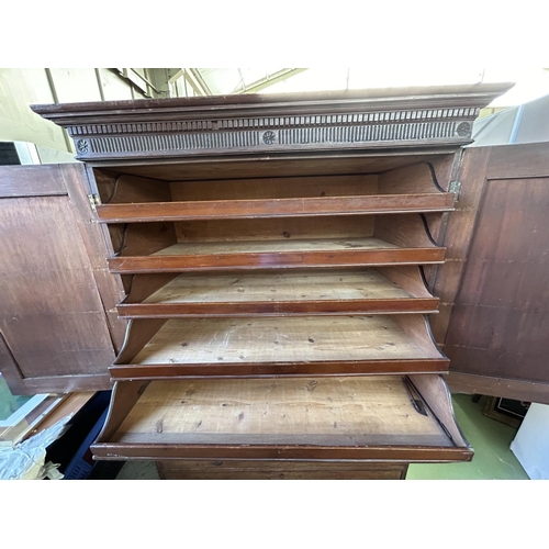 48 - Antique Solid Wood 2-Piece Linen Press. The Two Door upper Section Opening to Reveal Sliding Trays a... 