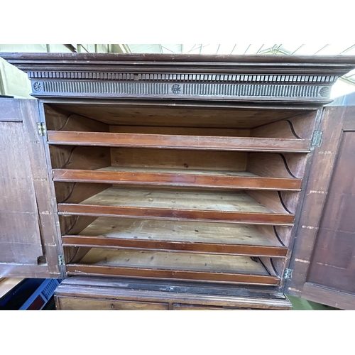 48 - Antique Solid Wood 2-Piece Linen Press. The Two Door upper Section Opening to Reveal Sliding Trays a... 