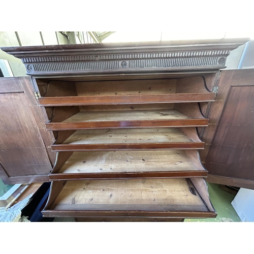 48 - Antique Solid Wood 2-Piece Linen Press. The Two Door upper Section Opening to Reveal Sliding Trays a... 