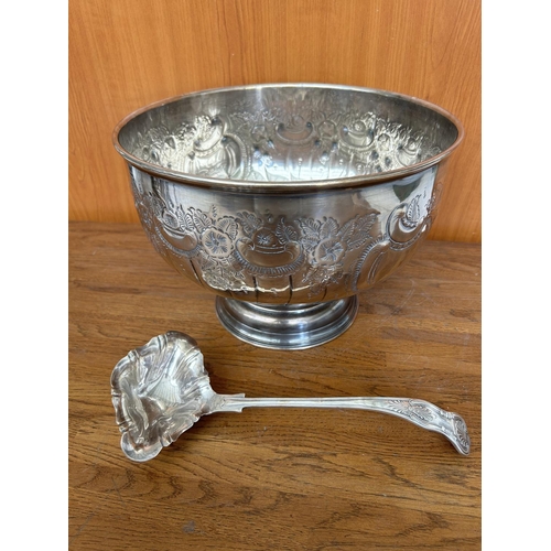 49 - Sheffield England Hand Chased Silver on Copper Punch Bowl with Ladle