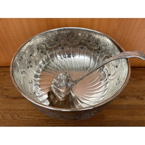 49 - Sheffield England Hand Chased Silver on Copper Punch Bowl with Ladle