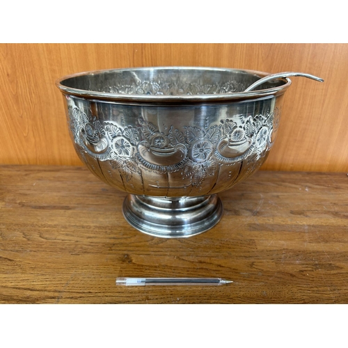 49 - Sheffield England Hand Chased Silver on Copper Punch Bowl with Ladle