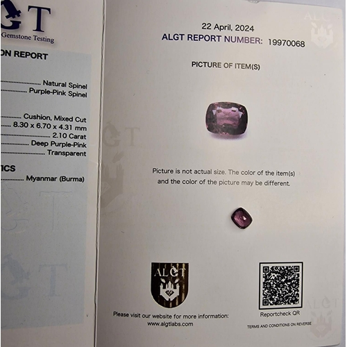 155 - Very Rare Natural Spinel From Myanmar 2.10CT, Deep Purple-Pink Color,  Cushion Mixed Cut Shape