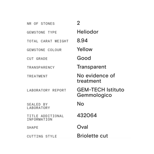 211 - x2 Yellow Heliodors 8.94Ct, Yellow Transparent Color, Oval Shape