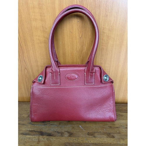 489 - Red Tod's Leather Bag With Silver-Tone Hardware,Origami Style Flap with Protective Feed at Base and ... 