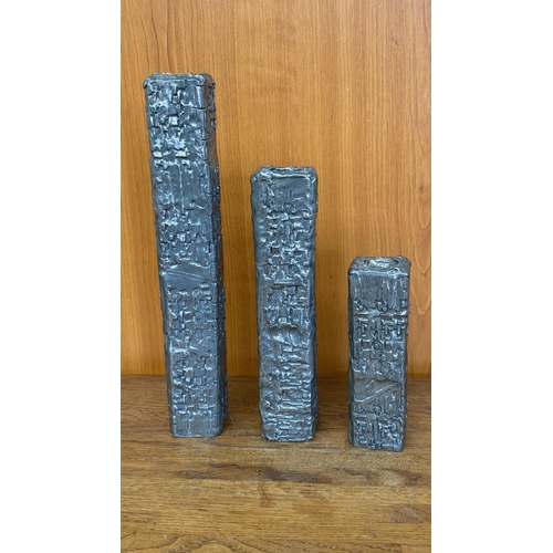 502 - Patrick Meyer Brutalist Art Carved Pewters Candle Sticks (30cm Highest)